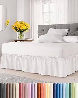 CGK Wrap Around Dust Ruffle Bed Skirt - Queen Size, 15" Inch, Antique White | Easy Fit Elastic Strap, Adjustable Pleated Bedskirt w/Brushed Fabric, Wrinkle & Fade Free, for Women, Men, Kids & Teens