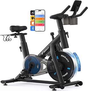 MERACH Exercise Bike, Magnetic Friction Stationary Bike for Home with APP | Low Noise Indoor Cycling Spin Bike with 300lbs Weight Capacity, Adjustable Seat & Handlebars, Fitness Courses for Weight Loss