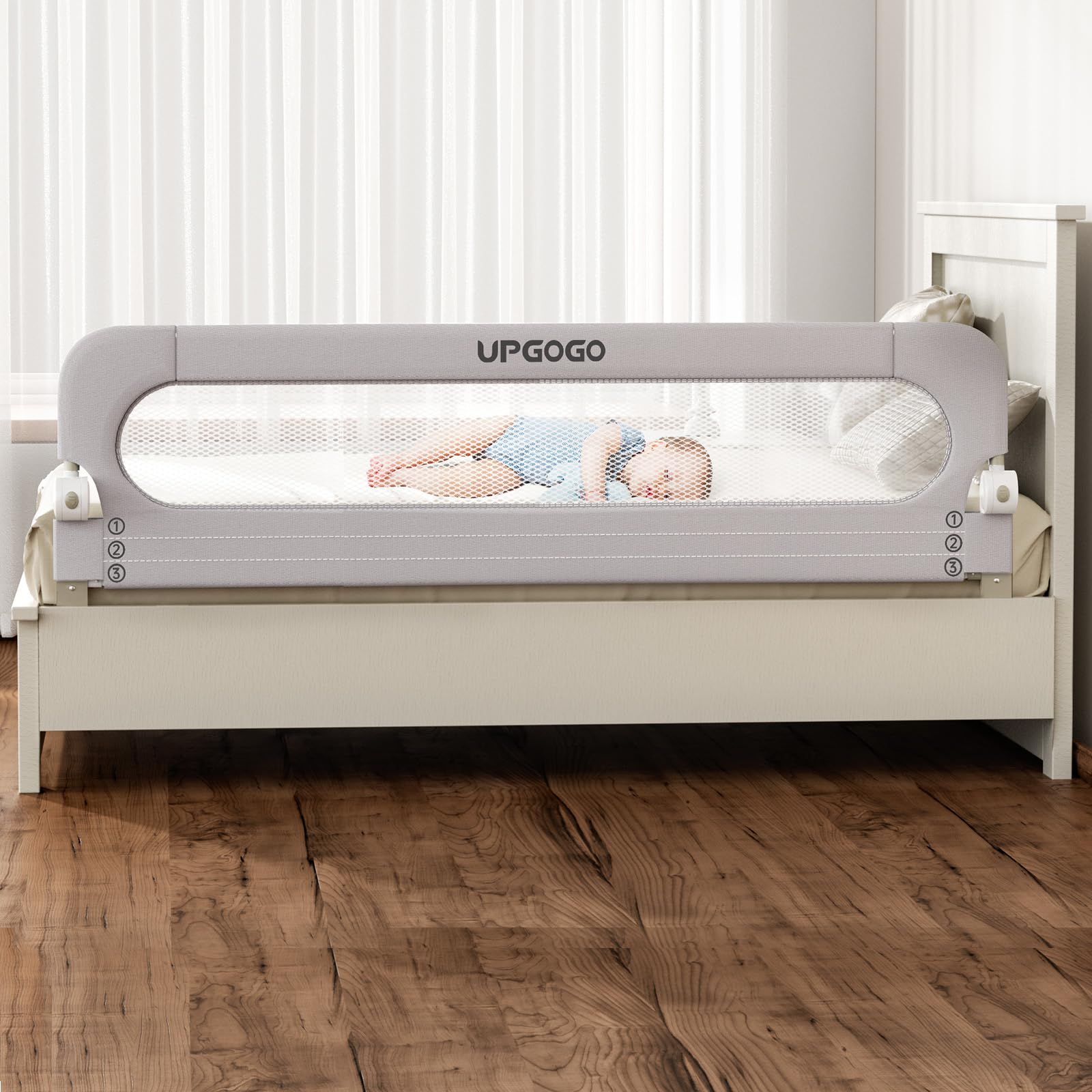 UPGOGO Folding Bed Rail for Toddlers, Grey, 71"L x 23.6" H | U-shaped base，Reinf