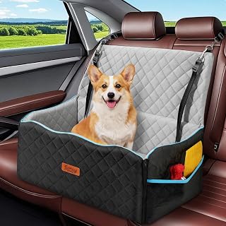 Tivray Dog Car Seat for Medium Dogs Up to 60 lb, Thick Cushion, Black+Grey | 4" High-Density Foam Dog Car Bed, 2-Sided Cool/Warm Cushion Cover , 2 Pockets, 3 Safety Belts, Detachable & Washable