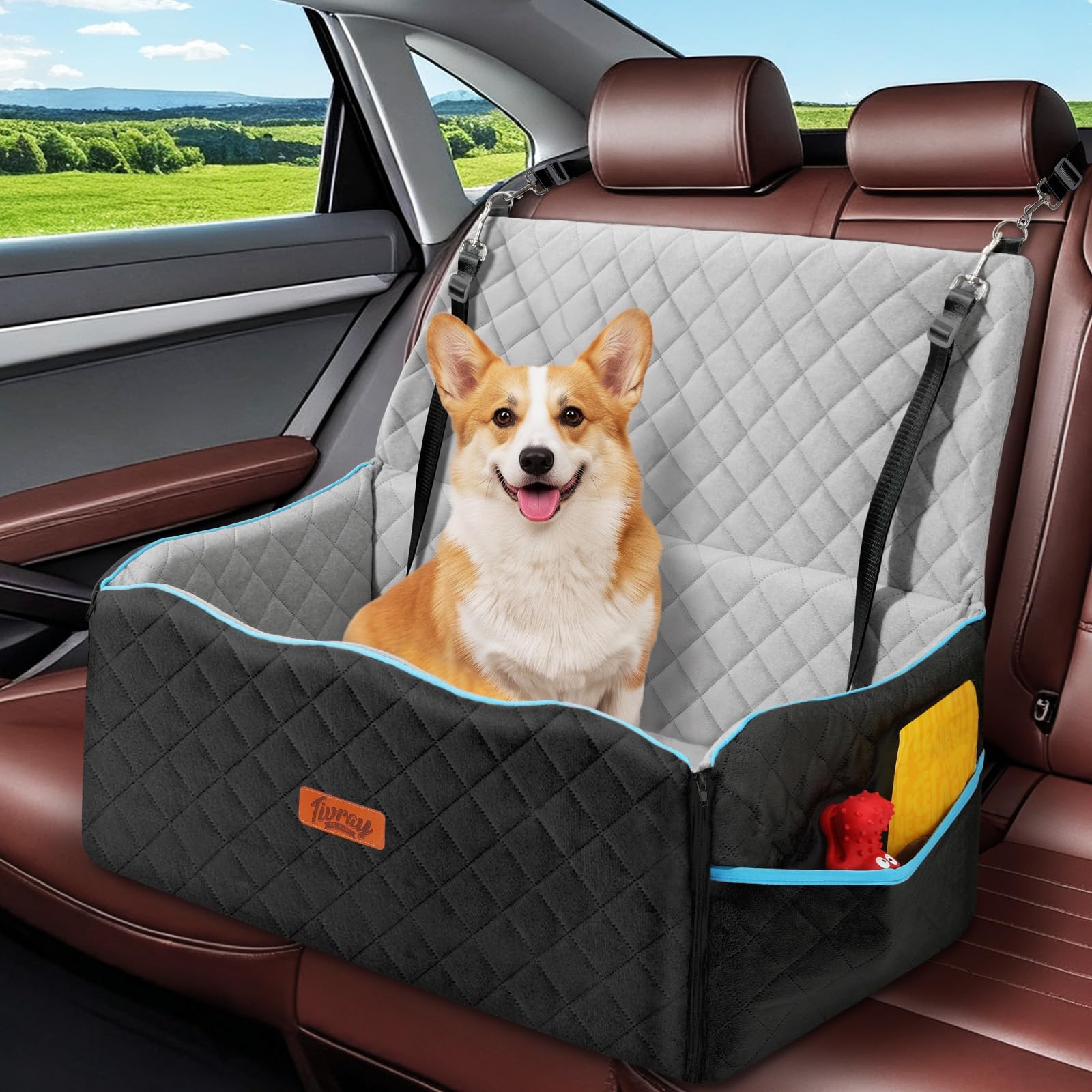 Tivray Dog Car Seat for Medium Dogs Up to 60 lb, Thick Cushion, Black+Grey | 4" 