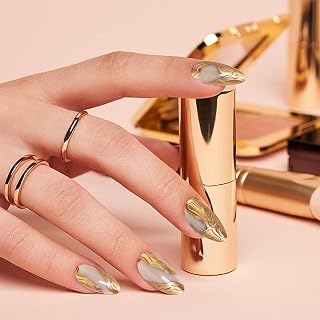 24pcs Short French Tip Press On Nails 3D Gold Line Glossy Full Cover False Nails Best for Women Lover