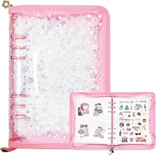 Ruatu Sticker Storage Organizer Binder A5 Sticker Collecting Book Reusable Zipper Album with Clear Laser Star Cover and Pocket Pages (Pink)