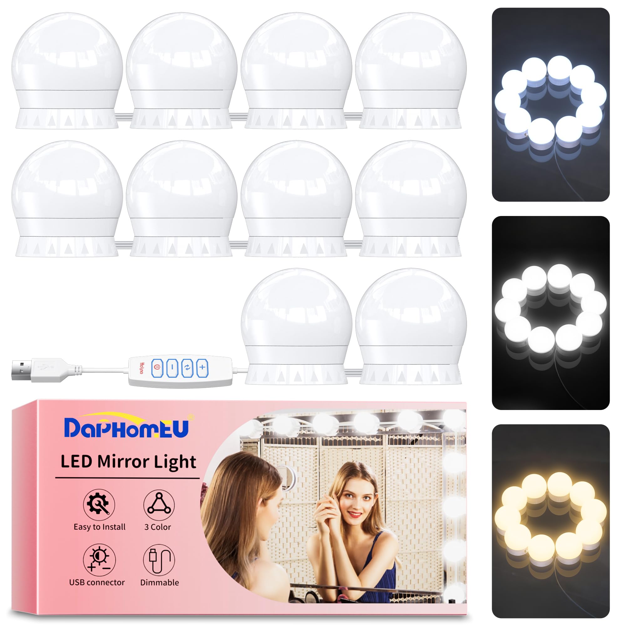 daphomeu Mirror Lights 10 Bulbs, 3 Colors and 10 Intensities | Hollywood Mirror 
