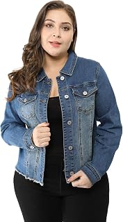 Agnes Orinda レディース プラスサイズ クラシック ウォッシュド フロント フレイド デニムジャケット