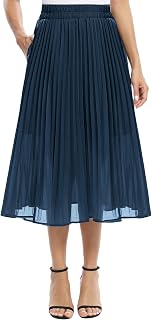 EXCHIC Women's Casual Chiffon Elastic Waist Pleated Midi Skirt with Pocket