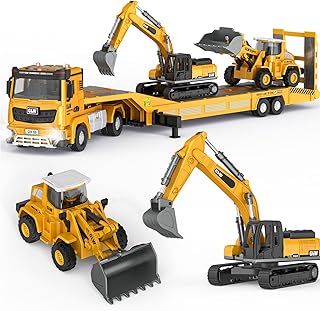 Pupu Pig Kids Toys for 3 4 5 6 7 Years Old Boys, Die-cast Construction Toys Set w/Semi Truck, Excavator, Bulldozer, Alloy Engineering Construction Vehicles Truck Toys w/Lights & Sounds, Model Cars
