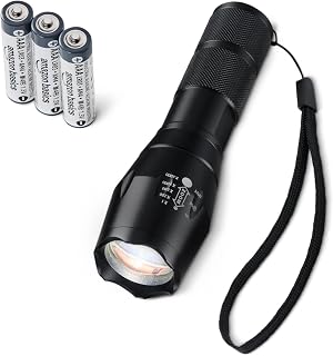 Amazon Basics Handheld LED Flashlight with 5 Light Modes - 200 Lumen Zoomable Handheld Torch - Water Resistant Aluminum Flashlight with Lanyard - Batteries Included - Black