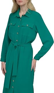 DKNY Womens Long Sleeve Collared Tie Midi ShirtdressDress