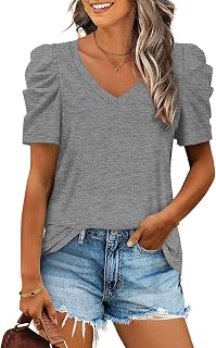 LCXWFE Womens Summer Casual Puff Sleeve V Neck T Shirts