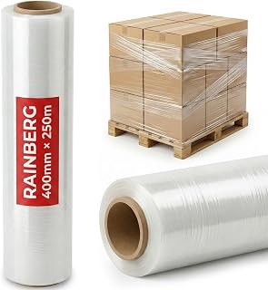 Rainberg Strong Heavy-Duty Stretch Film for Pallet Wrapping, Packaging, and Moving for Furniture, Luggage, and Parcels, Water & Moisture Proof Pallet Stretch Shrink Wrap rolls 400mm x 250m (Clear, 1)