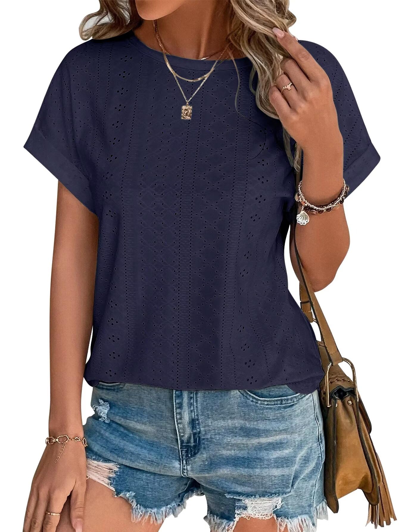 Bliwov Women's Summer Short Sleeve Embroidery Eyelet Blouses