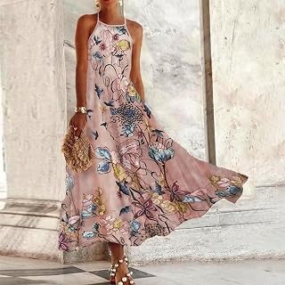 Summer Long Dress for Women with Blue Floral Print Backless Boho Dress Sleeveless Flowy Holiday Dress
