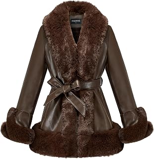 GRAN ORIENTE Women's Faux Leather Jacket with Faux Fur Collar, Winter Long Sleeve Furry Trim Peplum Parka Coat with Belt