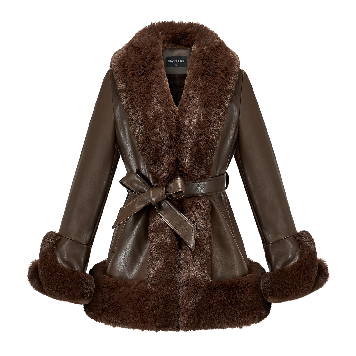 GRAN ORIENTE Women's Faux Leather Jacket with Faux Fur Collar, Winter Long Sleev