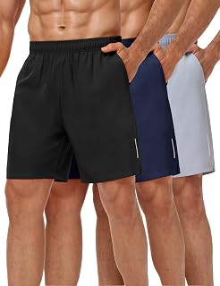 MIER Pantaloncini da Corsa da Uomo, 17,8 cm, Leggeri, ad Asciugatura Rapida, con Tasche, Senza Fodera Interna, Confezione da 3