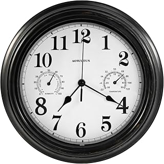 Outdoor Clock and Thermometer Hygrometer - Large Wall Clock Waterproof, Indoor Outdoor Clock Thermometer Combo for Patio, Pool, Garden, Living Room