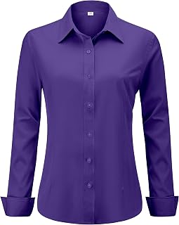 hearain Soft Wrinkle-Free Women's Button Down Dress Shirts Solid Long Sleeve Work Blouses Fit Stretch Casual Tops XXS-6XL