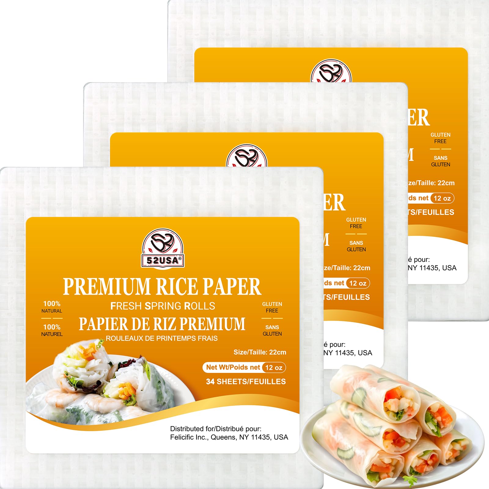 52USA Square Rice Paper, White Rice Paper Wraps, Non-GMO Certified, Gluten-Free,