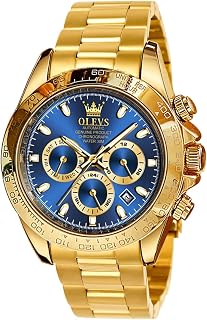 OLEVS Automatic Watches for Men Mechanical Gold Stainless Steel Multifunction Chronograph Analog Waterproof Date Luminous Green Blue Dial