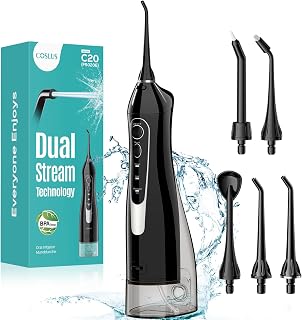 COSLUS ADA Accepted C20 Water Dental Flosser Pick, Professional Set Black | 300ML Larger Tank, Portable Rechargeable Dental Oral Irrigator for Orthodontic & Sensitive Gums, Cordless for Travel, Family