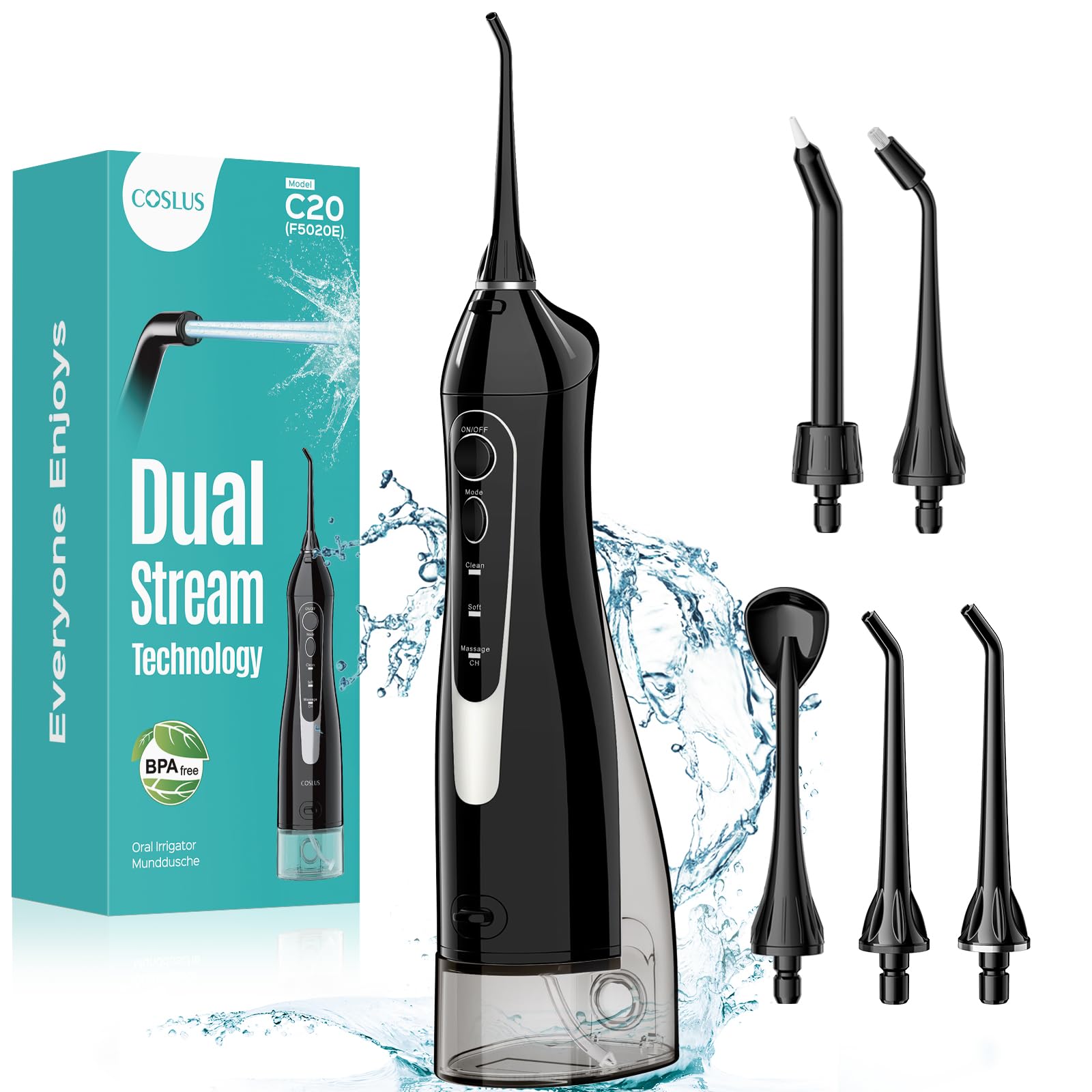 COSLUS ADA Accepted C20 Water Dental Flosser Pick, Professional Set Black | 300M