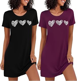 Marvmys Nightgowns Women Agodon Summer Short Sleeve Cute Print Heart Soft Elegant Nightgown