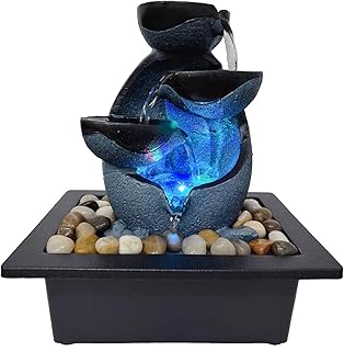 Tabletop Water Fountain with LED Lights, Indoor Resin Waterfall Fountain for Desk Office Home Decor, Zen Meditation Relaxation Feature with ON/Off Switch and Pebbles