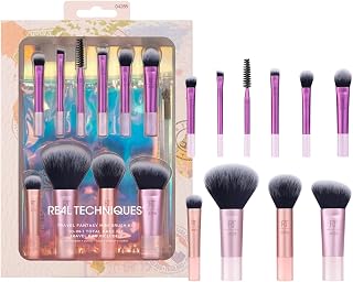 Real Techniques Travel Fantasy Mini Brush Set, Travel Size Makeup Brushes, Foundation Eyeshadow with Powder, Blush, Contour, Concealer, Makeup Bag, Gift Set, Cruelty Free