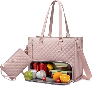 LOVEVOOK Lunch Tote Bag for Women, 17.3 Inch Laptop Bag with Insulated Lunch Compartment, Quilted Large Capacity Computer Handbag with Purse for Business, Work, Nurse, Office, Collage, Casual