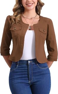 Allegra K Women's Denim Jacket Short 3/4 Sleeve Open Front Collarless