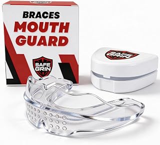 Safe Grin Mouth Guard for Braces – Teen & Adult 12+, Sports, No Boil, Clear | No boil, ready to wear. Dual upper & lower braces protection for football, wrestling, lacrosse, hockey & basketball.