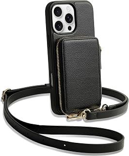 ZVE Custodia a portafoglio per iPhone 16 Pro con porta carte, custodia a tracolla con cerniera con cinturino da polso per donne per iPhone 16 Pro 6.3 pollici nero