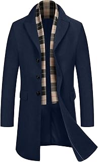COOFANDY Men's wool blend coat with detachable plaid scarf, notched collar, single breasted pea coat