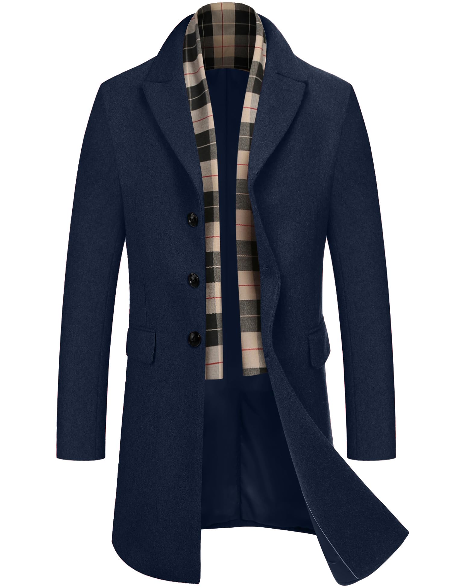 COOFANDY Men's wool blend coat with detachable plaid scarf, notched collar, sing