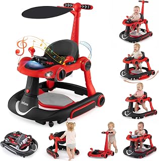 INFANS 9-in-1 Foldable Baby Walker with Handle, Sun Canopy, Red | Activity Center to Push Car, Bouncer, Rocker for Boys Girls 7-18 Months with Music, Lights, Adjustable Speed Wheels &amp; Height