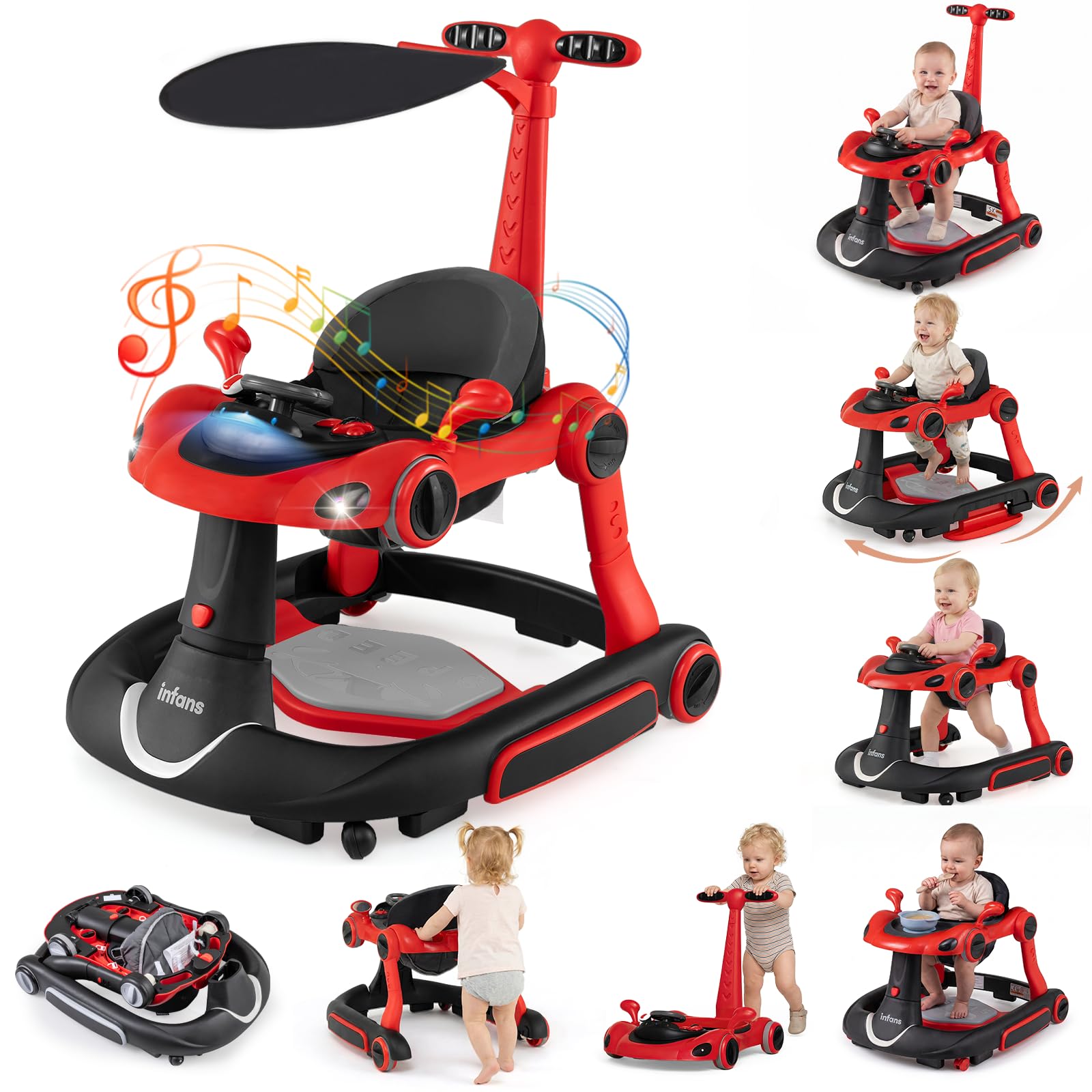 INFANS 9-in-1 Foldable Baby Walker with Handle, Sun Canopy, Red | Activity Cente