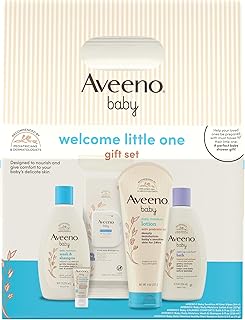 Aveeno Baby Welcome Little One Gift Set, Baby Essentials Set, 5 Items | Daily Moisture Baby Body Wash and Shampoo, Calming Comfort Bath, Sensitive All Over Wipes, Moisturizing Lotion, Baby Balm
