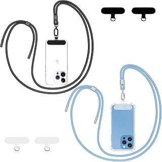 Qyoocom Mobile Phone Chain Universal for All Smartphones, Pack of 2 Lanyard Chain for Hanging with 4 Universal Pads, Adjustable and Removable, Black + Blue