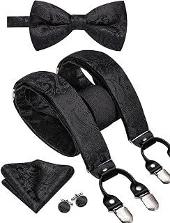 Hi-Tie Men Suspender Bowtie Set Suspenders Pre-tied Bow Tie Pocket Square Cufflinks Adjustable Y Shape 6 Clips Braces Tuxedo