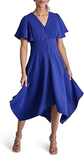DKNY Short Sleeve V-Neck Fit & Flare Midi Dress Women