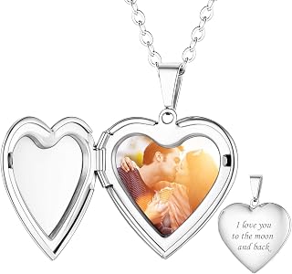 Custom4U Personalized Heart Locket Necklace with Pictures,Sunflower/Angel Wings/Heart Shaped Lockets Custom Photo,Gold/Rose Gold/White Lockets That Holds Picture,Customized Memorial Jewelry for Women