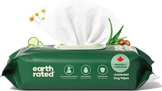 Earth Rated (A Canadian Company) Pet Wipes for Dogs and Cats, Hypoallergenic, Cleaning and Hydrating, for Grooming Paws, Body and Butt, Unscented, 100 Count