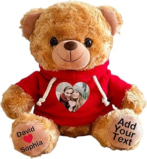 Duckbe Personalized Bear Stuffed Animal with Picture Text Date, 11 Inch Customized Teddy Bear Plush Toys, Gift for Girlfriend, Boyfriend, Birthday, Anniversary, Valentines (Red Hoodie