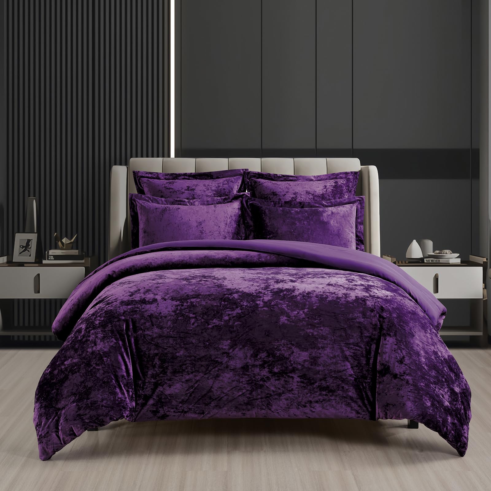 Fredsure Distressed Velvet Comforter Set, 5 Pieces Dark Purple King, Distressed 