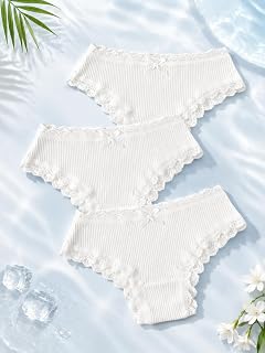 Women's Cotton Ribbed Lace Trim Panties Soft Breathable Stretch Briefs Pack