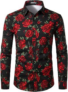 ZEROYAA, camicia da uomo alla moda, con stampa di lusso, aderente, a maniche lunghe, con bottoni - Nero - XL