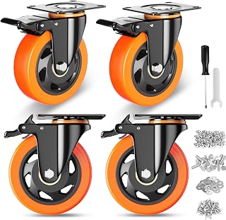YUPEZOP 4 Inch Caster Wheels, Casters Set of 4 Heavy Duty with Brake 2400LB | Polyurethane, Dual Lock Industrial Swivel Plate Mount for Furniture/ Workbench/Cart, Hardware Kits for Installation