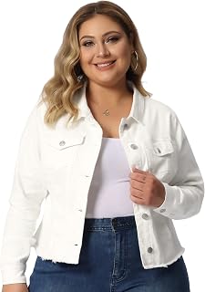 Agnes Orinda レディース プラスサイズ クラシック ウォッシュド フロント フレイド デニムジャケット