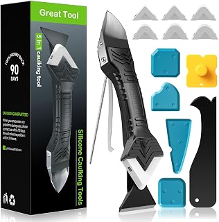 Caulking Tool 5 in 1 Silicone Caulking Grout Removal Sealant Finishing Tool with Grout Scraper, 6 Exchange Silicone Pads, Adhesive Residue Scraper Seam Repair Kit for Kitchen Bathroom White